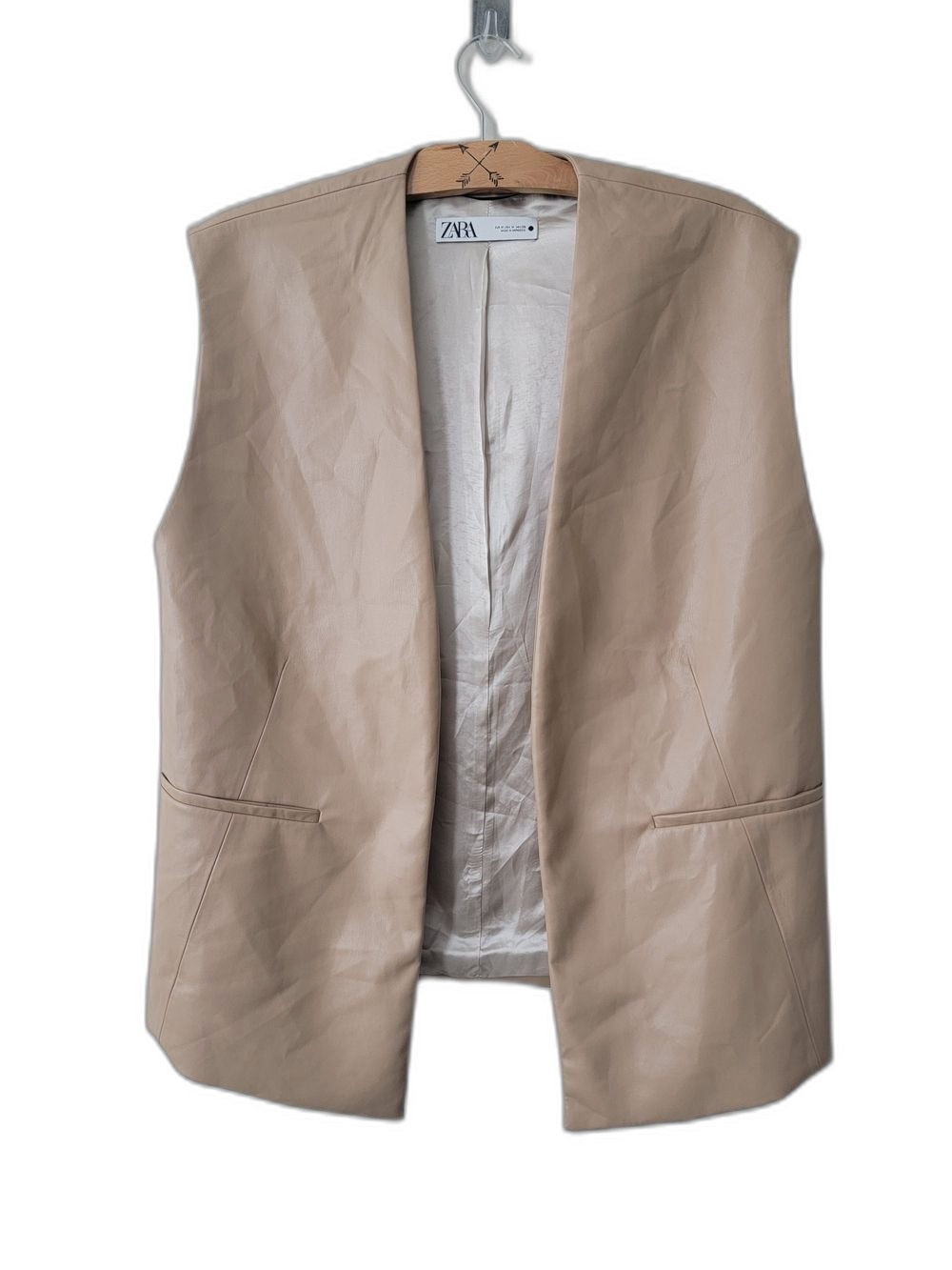 Zara Light Beige Faux Leather Sleeveless Blazer Vest